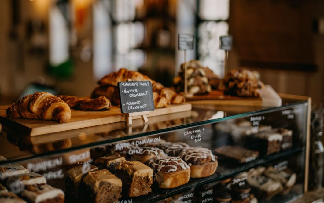 Filled bakery case in a retail bakery