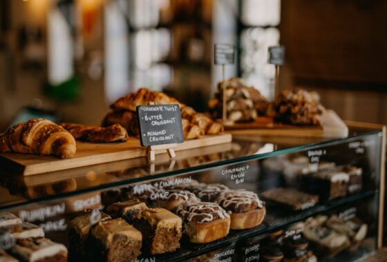 Filled bakery case in a retail bakery