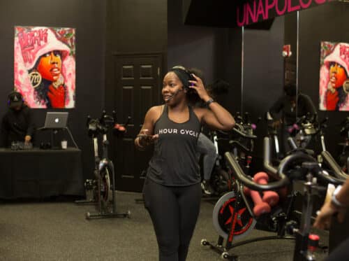 Spin class instructor in the studio