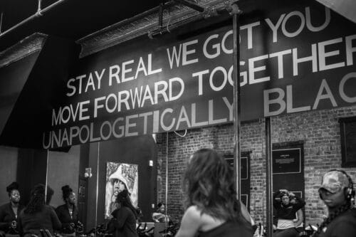 Black and white image of the interior of Hour Cycle Studio