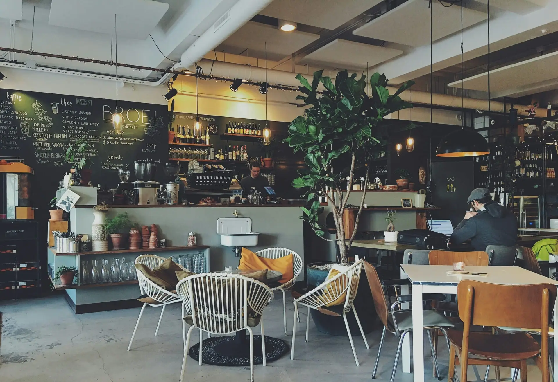 Modern café interior with plants, tables, and chairs; a barista stands behind the counter, and a person works on a laptop at a table.
