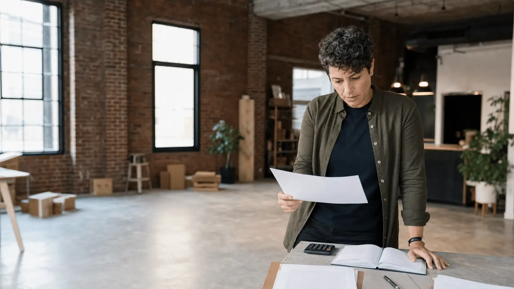 Person stands at a desk in a modern office, looking at a sheet of paper with documents, a notebook, and a calculator in front of them.